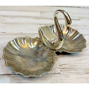 Vintage Silverplate Swan Double Shell Dish w Glass Insert Mid Century Hollywood